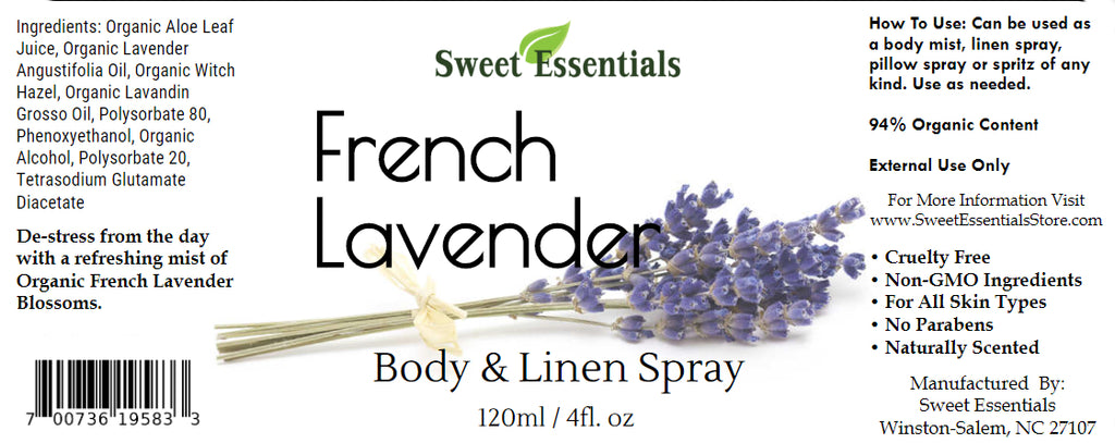 French Lavender Body & Linen Spray - 4oz Glass Spray Bottle - 94% Orga –  Sweet Essentials